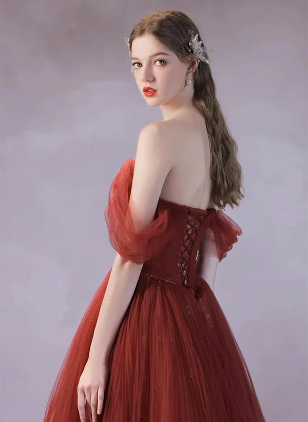 A-line Wine Red Tulle Sweetheart Long Formal Dress
